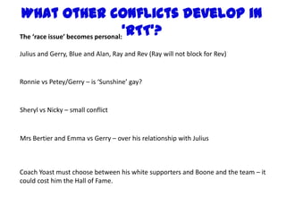 What other conflicts develop in
The ‘race issue’ becomes personal:
                                  ‘RTT’?
Julius and Gerry, Blue and Alan, Ray and Rev (Ray will not block for Rev)


Ronnie vs Petey/Gerry – is ‘Sunshine’ gay?


Sheryl vs Nicky – small conflict


Mrs Bertier and Emma vs Gerry – over his relationship with Julius



Coach Yoast must choose between his white supporters and Boone and the team – it
could cost him the Hall of Fame.
 