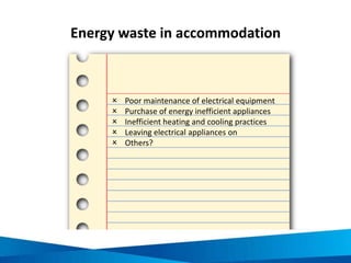Financial. You are throwing away
money!
Environmental. You are destroying
important ecological processes that can
affect your own health.
Community. You are putting strain
on the local community’s water and
power supply and wasting resources in
the production of not fully used
products.
Business. You are not meeting
consumer expectations.
4 reasons why energy, water and waste
reduction is important
 