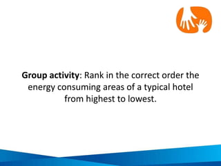 Energy, water, waste
reduction
Patterns of
use
Equipment
External
factors
The key elements of energy, water and waste
minimisation
 