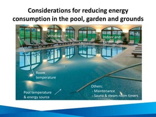 1. Understand existing levels and forms of
energy, water and waste
Establish a baseline in order to:
• Quantify existing consumption of
energy and water and production
of waste in terms of:
– Volume
– Financial value
– Type (forms)
• Enable forecasting and target
setting for improved performance
Picture sources:
http://www.tapwater.org/news/p/7
 