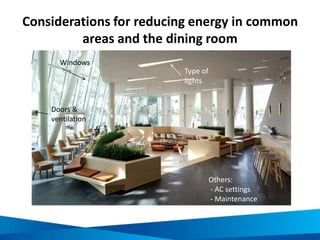 Creating a baseline for energy and water
consumption
Collect
• Utility bills
Collate
• Data
Calculate
• Consumption and costs
Picture sources:
http://adventurejay.com/blog/index.php?m=01&y=13&entry=entry130128-210431
http://en.wikipedia.org/wiki/File:SHARP_ELSIMATE_EL-W221.jpg
http://en.wikipedia.org/wiki/File:Studying.jpg
 