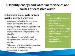 Administration and communication water audit
questions
Communication and policy initiatives Employee and guest engagement Water monitoring
• Has the need to conserve water been
broadly communicated within the
business?
• Has a management team been
organised to provide strategy and
leadership around water
conservation?
• Has a water management plan or
savings plan been developed?
• Have internal policies and procedures
been developed around water
conservation and management?
• Are water conservation posters
displayed throughout the facilities?
• Are rewards / acknowledgement
programs provided for employees
who are conserving water?
• Are employees provided education
around water conservation?
• Are employees provided regular
updates on water usage and progress
towards water savings?
• Is water usage regularly metered,
monitored and recorded?
• Is water use benchmarked against
industry best practice?
• Have water savings KPIs and targets
been set?
• Are water costs and program
performance included in financial and
business reviews?
• Do you know your water costs?
• Are monthly water bills reviewed for
accuracy?
Source: NSW Business Chamber 2009, Sustainability Toolkit – Hospitality, Australian Government – Department of the Environment, Water, Heritage and the Arts, Australia
 