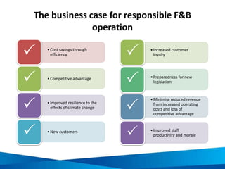 Key focus areas for achieving environmental
sustainability in F&B operation
Energy
Water
Waste
 