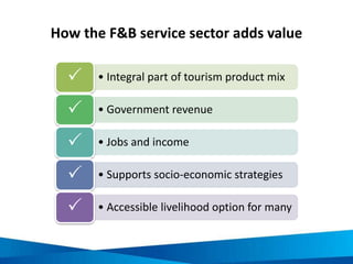 The F&B service sector in Vietnam
Source: Euromonitor Internatonal 2012, Consumer Foodservice in Vietnam, Euromonitor International, USA
CATEGORY 2005 2009 2010 2015
100% home delivery / takeaway 1.2 34.5
Cafés / bars 965.4 1,909.0 2,079.5 3,053.3
Full-service restaurants 8,953.7 12,597.5 13,638.7 20,307.6
Fast food 179.4 338.4 383 670.6
Self-service cafeterias
Street stalls / kiosks 6,249.5 10,144.5 10,753.7 13,184.7
Pizza consumer food service 7.6 33.4 42.3 155.7
Total 16355.6 25022.8 26898.4 37406.4
Values: US$ million
 