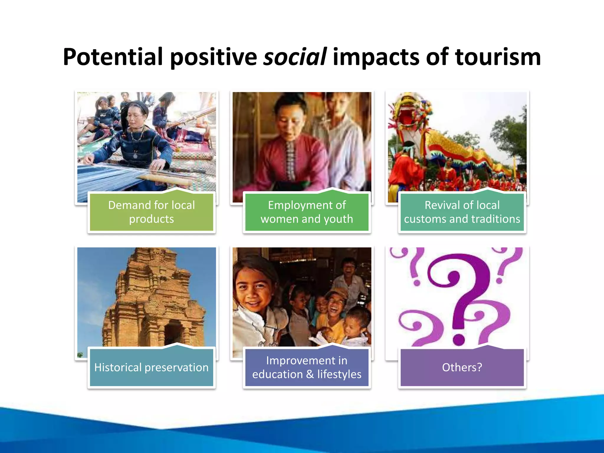 Potential negative economic impacts of tourism
Inadequate sharing of
tourism benefits
Tension from wage and
income disparities
Increased economic
dependency on one sector
Inflated land and housing
prices, and living costs
Economic leakage Others?
 
