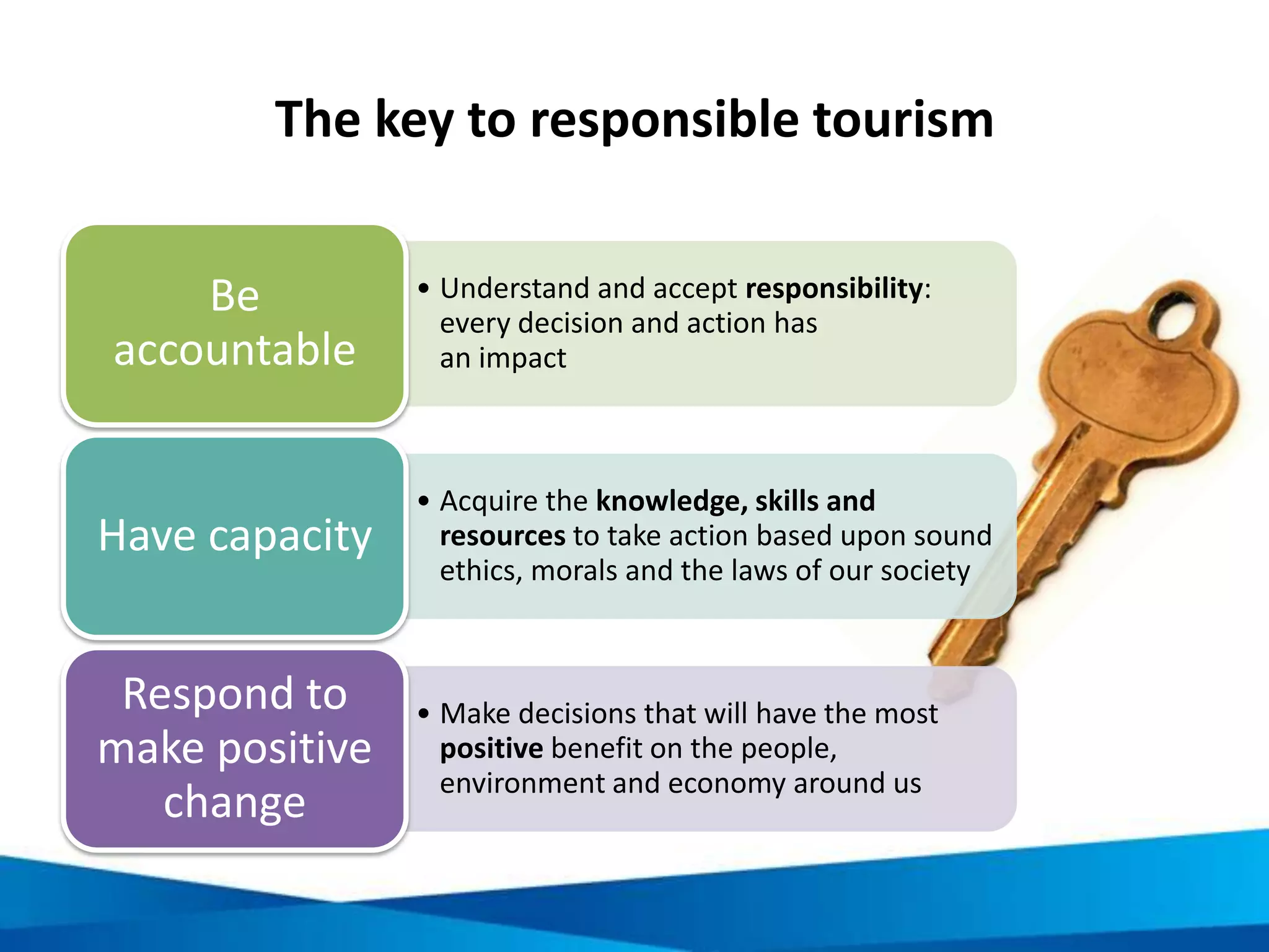 The Cape Town Declaration
• Tourism sector representatives from
20 countries, plus the UNWTO and
UNEP
• 1st International Conference on
Responsible Tourism in
Destinations, Cape Town, South
Africa, 2002
• Participants agreed on a number of
guiding principles for the
implementation of responsible
tourism
• Guidelines have became the
founding principles of responsible
tourism today
 