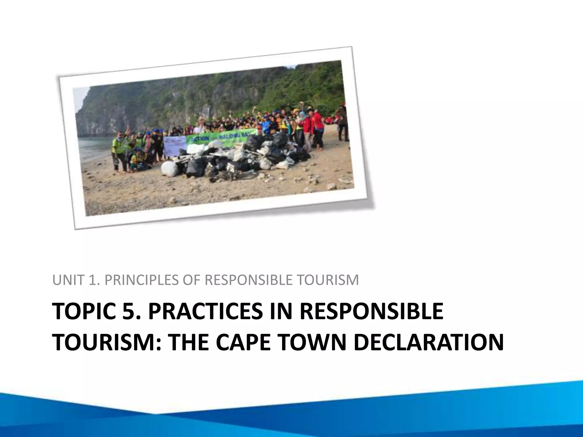 Tourism for all
FOCUS AREA PROVISIONS
Tourism information and
publicity
Clear indication of accessible services and facilities…
Preparation of staff Training in communicating with and providing assistance to customers with
disabilities and services and facilities available…
Tourism facilities and sites Provision of goods and services that cater for visitors with disabilities…
Accommodation facilities Allocation of specially designed rooms for people in a wheelchair or mobility
impaired…
Catering facilities Ease of internal and external access to restaurants, cafes and bars…
Museums and other
buildings of tourist interest
Ease of internal and external access, staff training, interpretation for vision and
hearing impaired…
Excursions Tour buses accommodate tourists with physical disabilities, interpretation for
vision and hearing impaired, one or more staff trained in sign language…
 