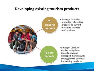 Developing existing tourism products
To
existing
markets
• Strategy: Intensive
promotion of existing
products to current
market to increase
market share
To new
markets
• Strategy: Conduct
market analysis to
identify new and
untapped markets with
strong growth potential
for existing products
Picture source:
http://www.flickr.com/photos/rwp-roger/4353435590/
 
