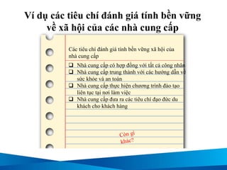 Ví dụ các tiêu chí đánh giá tính bền vững
về xã hội của các nhà cung cấp
 Nhà cung cấp có hợp đồng với tất cả công nhân
 Nhà cung cấp trung thành với các hướng dẫn về
sức khỏe và an toàn
 Nhà cung cấp thực hiện chương trình đào tạo
liên tục tại nơi làm việc
 Nhà cung cấp đưa ra các tiêu chí đạo đức du
khách cho khách hàng
Các tiêu chí đánh giá tính bền vững xã hội của
nhà cung cấp
 