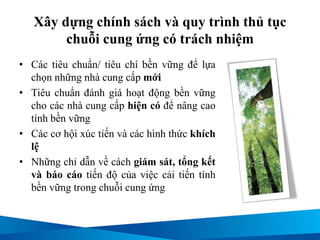 Xây dựng chính sách và quy trình thủ tục
chuỗi cung ứng có trách nhiệm
• Các tiêu chuẩn/ tiêu chí bền vững để lựa
chọn những nhà cung cấp mới
• Tiêu chuẩn đánh giá hoạt động bền vững
cho các nhà cung cấp hiện có để nâng cao
tính bền vững
• Các cơ hội xúc tiến và các hình thức khích
lệ
• Những chỉ dẫn về cách giám sát, tổng kết
và báo cáo tiến độ của việc cải tiến tính
bền vững trong chuỗi cung ứng
 
