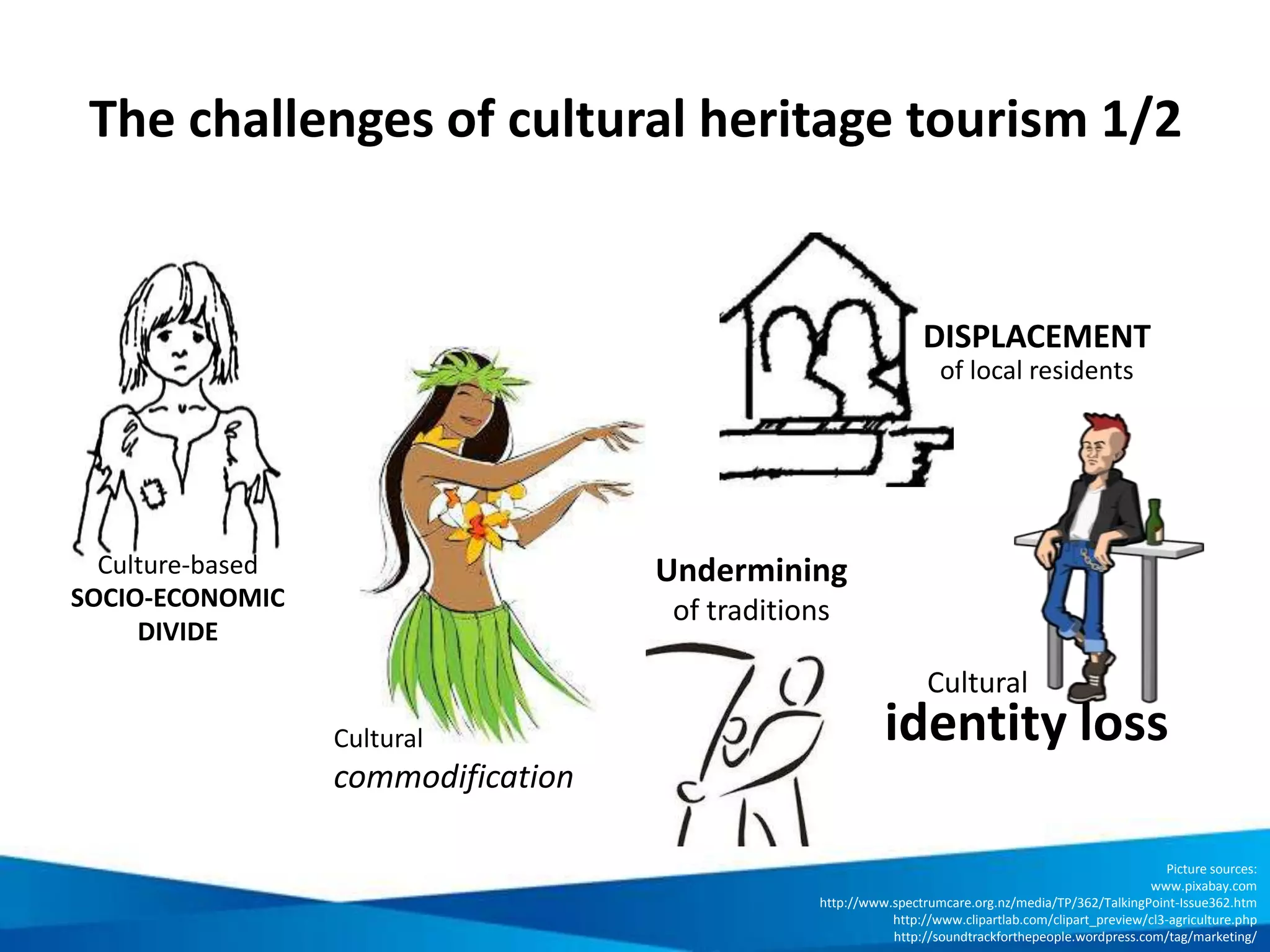 The challenges of cultural heritage tourism 2/2
Loss of
authenticity
CONFLICT
over land rights
Selective
development
to attractions
and facilities
Damage
Picture sources:
http://www.flickr.com/photos/archer10/4331192254/
www.pixabay.com
http://www.clipartheaven.com/show/clipart/international/people_-_cartoons/asian_farmer-gif.html
http://www.clker.com/clipart-14267.html
 