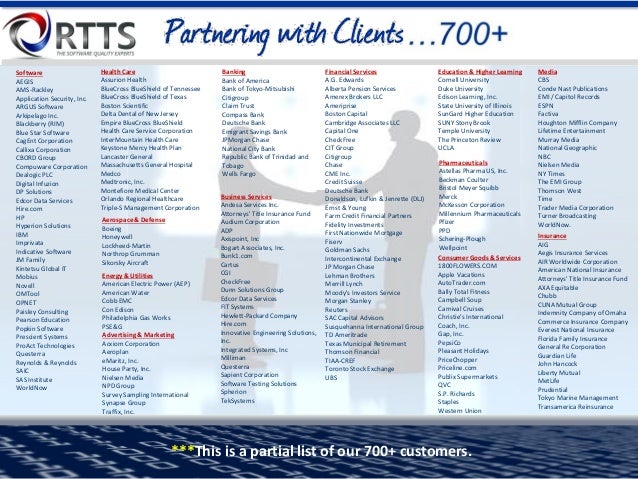 Advertising & Marketing
Acxiom Corporation
Aeroplan
eMaritz, Inc.
House Party, Inc.
Nielsen Media
NPD Group
Survey Sampling International
Synapse Group
Traffix, Inc.
Aerospace & Defense
Boeing
Honeywell
Lockheed-Martin
Northrop Grumman
Sikorsky Aircraft
Software
AEGIS
AMS-Rackley
Application Security, Inc.
ARGUS Software
Arkipelago Inc.
Blackberry (RIM)
Blue Star Software
CagEnt Corporation
Callixa Corporation
CBORD Group
Compuware Corporation
Dealogic PLC
Digital Infuzion
DP Solutions
Edcor Data Services
Hire.com
HP
Hyperion Solutions
IBM
Imprivata
Indicative Software
JM Family
Kintetsu Global IT
Mobius
Novell
OMTool
OPNET
Paisley Consulting
Pearson Education
Popkin Software
Prescient Systems
ProAct Technologies
Questerra
Reynolds & Reynolds
SAIC
SAS Institute
WorldNow
Energy & Utilities
American Electric Power (AEP)
American Water
Cobb EMC
Con Edison
Philadelphia Gas Works
PSE&G
Business Services
Andesa Services Inc.
Attorneys' Title Insurance Fund
Audium Corporation
ADP
Axispoint, Inc
Bogart Associates, Inc.
Bunk1.com
Cartus
CGI
CheckFree
Dunn Solutions Group
Edcor Data Services
FIT Systems
Hewlett-Packard Company
Hire.com
Innovative Engineering Solutions,
Inc.
Integrated Systems, Inc
Milliman
Questerra
Sapient Corporation
Software Testing Solutions
Spherion
TekSystems
Financial Services
A.G. Edwards
Alberta Pension Services
Amerex Brokers LLC
Ameriprise
Boston Capital
Cambridge Associates LLC
Capital One
CheckFree
CIT Group
Citigroup
Chase
CME Inc.
Credit Suisse
Deutsche Bank
Donaldson, Lufkin & Jenrette (DLJ)
Ernst & Young
Farm Credit Financial Partners
Fidelity Investments
First Nationwide Mortgage
Fiserv
Goldman Sachs
Intercontinental Exchange
JP Morgan Chase
Lehman Brothers
Merrill Lynch
Moody's Investors Service
Morgan Stanley
Reuters
SAC Capital Advisors
Susquehanna International Group
TD Ameritrade
Texas Municipal Retirement
Thomson Financial
TIAA-CREF
Toronto Stock Exchange
UBS
Banking
Bank of America
Bank of Tokyo-Mitsubishi
Citigroup
Claim Trust
Compass Bank
Deutsche Bank
Emigrant Savings Bank
JPMorgan Chase
National City Bank
Republic Bank of Trinidad and
Tobago
Wells Fargo
Education & Higher Learning
Cornell University
Duke University
Edison Learning, Inc.
State University of Illinois
SunGard Higher Education
SUNY Stony Brook
Temple University
The Princeton Review
UCLA
Pharmaceuticals
Astellas Pharma US, Inc.
Beckman Coulter
Bristol Meyer Squibb
Merck
McKesson Corporation
Millennium Pharmaceuticals
Pfizer
PPD
Schering-Plough
Wellpoint
Consumer Goods & Services
1800FLOWERS.COM
Apple Vacations
AutoTrader.com
Bally Total Fitness
Campbell Soup
Carnival Cruises
Christie's International
Coach, Inc.
Gap, Inc.
PepsiCo
Pleasant Holidays
PriceChopper
Priceline.com
Publix Supermarkets
QVC
S.P. Richards
Staples
Western Union
Media
CBS
Conde Nast Publications
EMI / Capitol Records
ESPN
Factiva
Houghton Mifflin Company
Lifetime Entertainment
Murray Media
National Geographic
NBC
Nielsen Media
NY Times
The EMI Group
Thomson West
Time
Trader Media Corporation
Turner Broadcasting
WorldNow.
Insurance
AIG
Aegis Insurance Services
AIR Worldwide Corporation
American National Insurance
Attorneys' Title Insurance Fund
AXA Equitable
Chubb
CUNA Mutual Group
Indemnity Company of Omaha
Commerce Insurance Company
Everest National Insurance
Florida Family Insurance
General Re Corporation
Guardian Life
John Hancock
Liberty Mutual
MetLife
Prudential
Tokyo Marine Management
Transamerica Reinsurance
Health Care
Assurion Health
BlueCross BlueShield of Tennessee
BlueCross BlueShield of Texas
Boston Scientific
Delta Dental of New Jersey
Empire BlueCross BlueShield
Health Care Service Corporation
InterMountain Health Care
Keystone Mercy Health Plan
Lancaster General
Massachusetts General Hospital
Medco
Medtronic, Inc.
Montefiore Medical Center
Orlando Regional Healthcare
Triple-S Management Corporation
***This is a partial list of our 700+ customers.
 