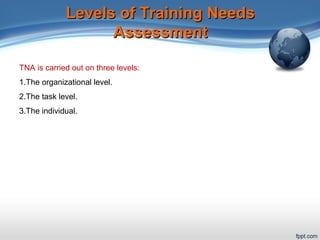 Levels of Training NeedsLevels of Training Needs
AssessmentAssessment
TNA is carried out on three levels:
1.The organizati...