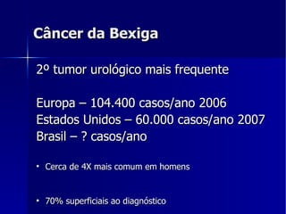 Câncer da Bexiga  2º tumor urológico mais frequente Europa – 104.400 casos/ano 2006 Estados Unidos – 60.000 casos/ano 2007 Brasil – ? casos/ano Cerca de 4X mais comum em homens  70% superficiais ao diagnóstico  