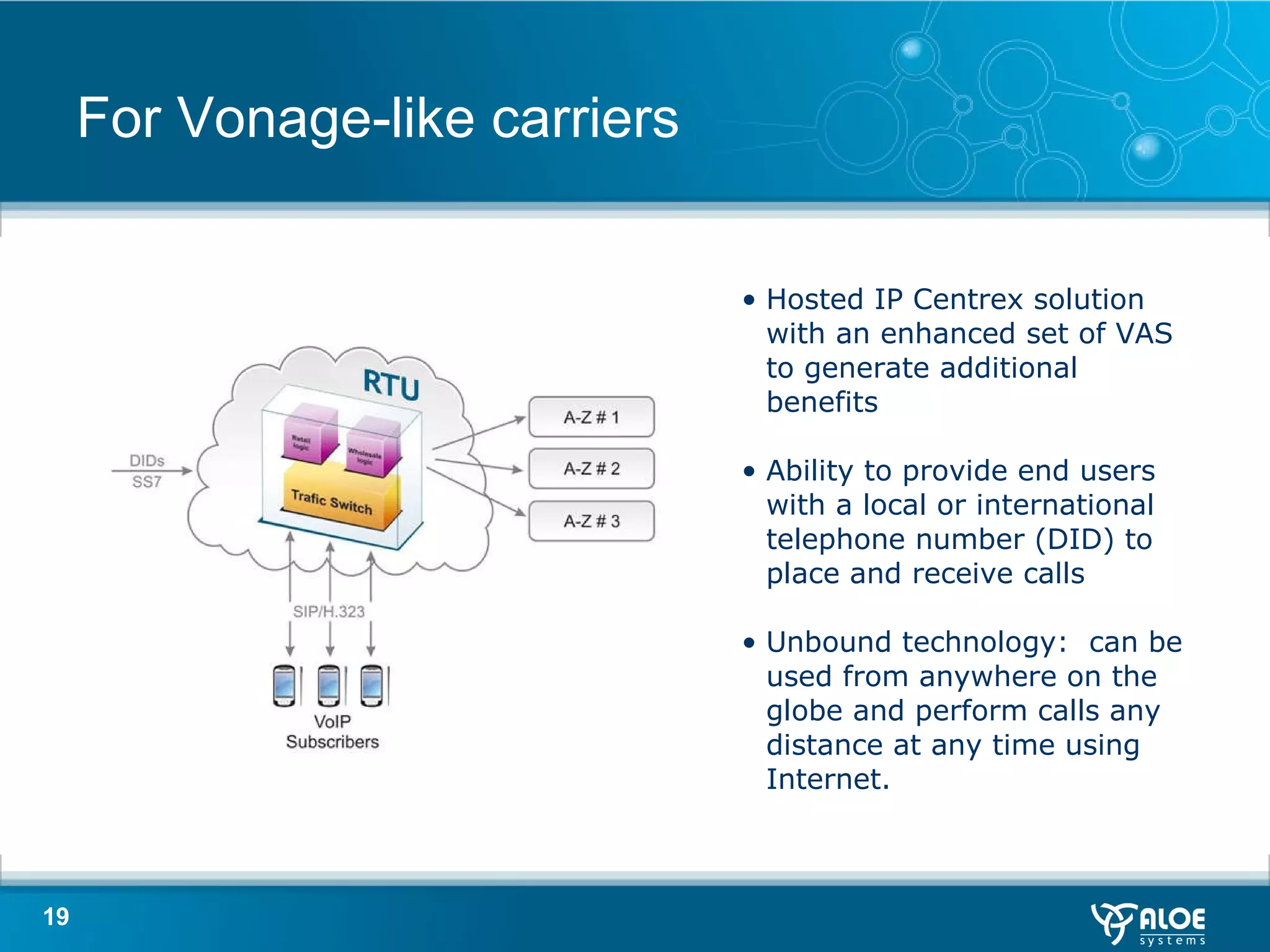 For Vonage-like carriers Hosted IP Centrex solution with an enhanced set of VAS to generate additional benefits Ability to provide  end user s   with  a local or international telephone number (DID)  to  place and receive calls   Unbound technology:  can  be used  from anywhere on the globe and  perform calls  any distance   at any time  using Internet.  