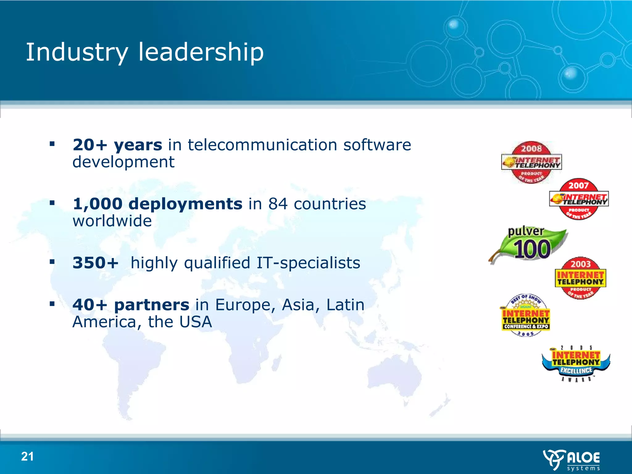 Industry leadership 20+ years   in  telecommunication  software  development 1,000 deployments  in 84 countries worldwide 350+  highly qualified IT-specialists 40+ partners  in Europe, Asia, Latin America, the USA 