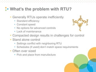 Pg. 21 
What’s the problem with RTU? 
•Generally RTUs operate inefficiently 
•Standard efficiency 
•Constant speed 
•No options for advanced controls 
•Lack of maintenance 
•Compacted design results in challenges for control 
•Stand alone control 
•Settings conflict with neighboring RTU 
•Schedules (if used) don’t match space requirements 
•Often over sized 
•Pick and place from manufacture 
 