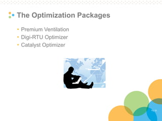 Pg. 23 
The Optimization Packages 
•Premium Ventilation 
•Digi-RTU Optimizer 
•Catalyst Optimizer  