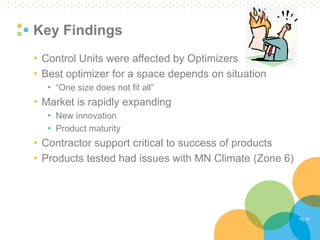 Pg. 60 
Key Findings 
•Control Units were affected by Optimizers 
•Best optimizer for a space depends on situation 
•“One size does not fit all” 
•Market is rapidly expanding 
•New innovation 
•Product maturity 
•Contractor support critical to success of products 
•Products tested had issues with MN Climate (Zone 6)  