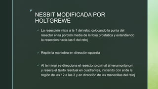 z
NESBIT MODIFICADA POR
HOLTGREWE
 La resección inicia a la 1 del reloj, colocando la punta del
resector en la porción media de la fosa prostática y extendiendo
la resección hacia las 6 del reloj
 Repite la maniobra en dirección opuesta
 Al terminar se direcciona el resector proximal al verumontanum
y reseca el tejido residual en cuadrantes, iniciando con el de la
región de las 12 a las 3 y en dirección de las manecillas del reloj
 