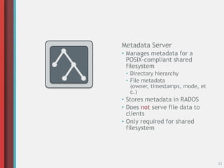 23
Metadata Server
• Manages metadata for a
POSIX-compliant shared
filesystem
• Directory hierarchy
• File metadata
(owner, timestamps, mode, et
c.)
• Stores metadata in RADOS
• Does not serve file data to
clients
• Only required for shared
filesystem
 