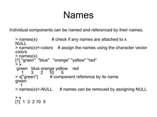 Names
Individual components can be named and referenced by their names.
> names(x) # check if any names are attached to x
NULL
> names(x)<-colors # assign the names using the character vector
colors
> names(x)
[1] "green" "blue" "orange" "yellow" "red"
> x
green blue orange yellow red
1 3 2 10 5
> x["green"] # component reference by its name
green
1
> names(x)<-NULL # names can be removed by assigning NULL
> x
[1] 1 3 2 10 5
 