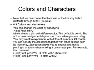 Colors and Characters
– Note that we can control the thickness of the lines by lwd=1
(default) through lwd=5 (thickest).
– 4.3 Colors and characters
– You can change the color by specifying
> plot(Fuel, col=2)
which shows a plot with different color. The default is col=1. The
actual color assignment depends on the system you are using.
You may want to experiment with different numbers. Of course
you can specify the col option together with other options such
as type or lty. pch option allows you to choose alternative
plotting characters when making a points-type plot. For example,
the command
> plot(Fuel, pch="*") # plots with * characters
> plot(Fuel, pch="M") # plots with M.
 
