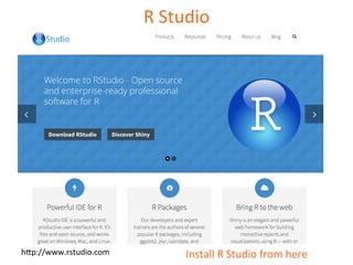 R 
Studio 
h=p://www.rstudio.com 
Install 
R 
Studio 
from 
here 
 