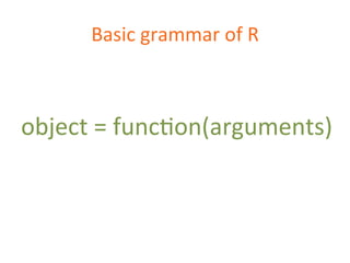 Basic 
grammar 
of 
R 
object 
= 
funcDon(arguments) 
 