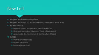New Left
 Reagem ao abandono da política
 Reagem ao avanço do pós-modernismo na cademia e nas artes
 Estados Unidos
 Repressão contra a organização partidária pela CIA
 Movimentos populares (Guerra do Vietnã e Direitos civis)
 Aproximação dos movimentos de contra-cultura (Hippie)
 Europa
 Intelectualmente dirigido
 Projetos partidários
 Pauta da justiça social
 