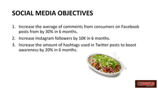SOCIAL MEDIA OBJECTIVES
1. Increase the average of comments from consumers on Facebook
posts from by 30% in 6 months.
2. Increase Instagram followers by 10K in 6 months.
3. Increase the amount of hashtags used in Twitter posts to boost
awareness by 20% in 6 months.
 