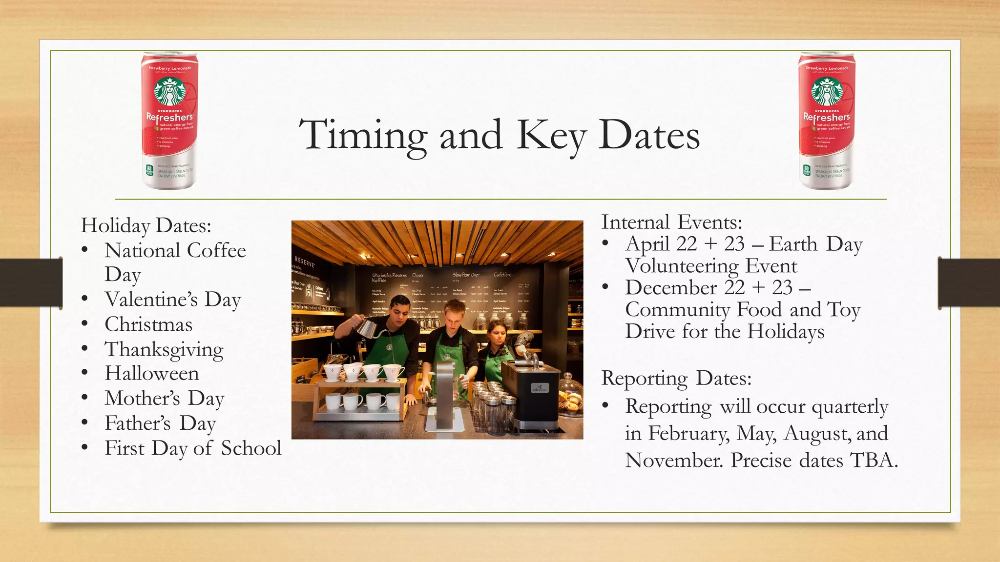 Timing and Key Dates
Holiday Dates:
• National Coffee
Day
• Valentine’s Day
• Christmas
• Thanksgiving
• Halloween
• Mother’s Day
• Father’s Day
• First Day of School
Internal Events:
• April 22 + 23 – Earth Day
Volunteering Event
• December 22 + 23 –
Community Food and Toy
Drive for the Holidays
Reporting Dates:
• Reporting will occur quarterly
in February, May, August, and
November. Precise dates TBA.
 
