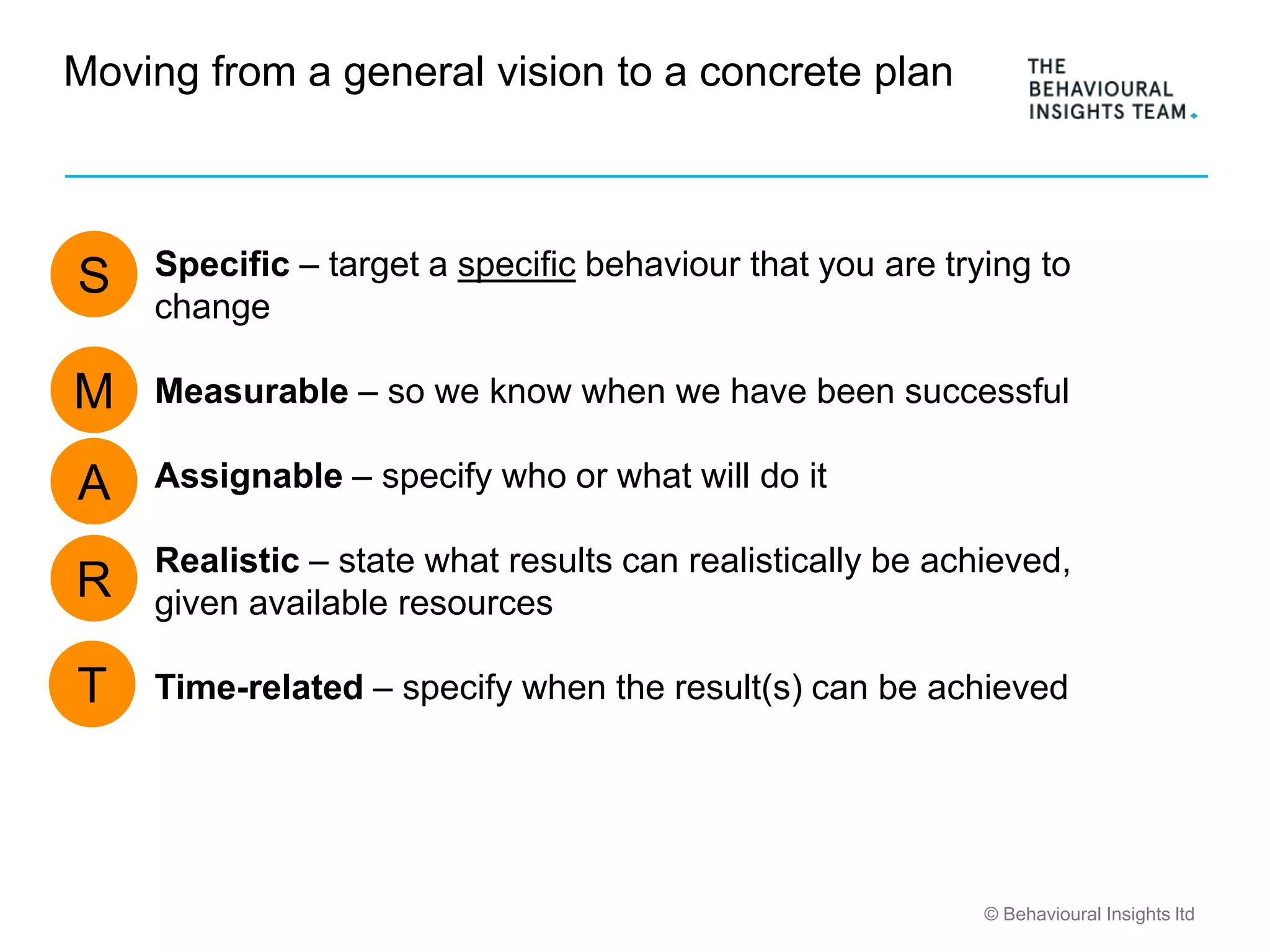 © Behavioural Insights ltd
Moving from a general vision to a concrete plan
Specific – target a specific behaviour that you are trying to
change
Measurable – so we know when we have been successful
Assignable – specify who or what will do it
Realistic – state what results can realistically be achieved,
given available resources
Time-related – specify when the result(s) can be achieved
S
M
A
R
T
 
