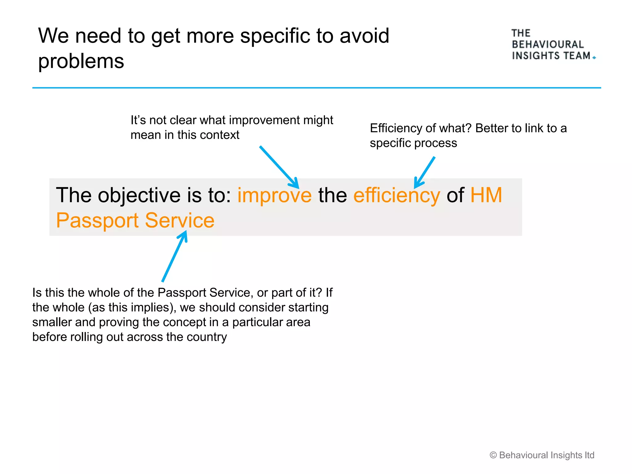 © Behavioural Insights ltd
We need to get more specific to avoid
problems
The objective is to: improve the efficiency of HM
Passport Service
It’s not clear what improvement might
mean in this context
Is this the whole of the Passport Service, or part of it? If
the whole (as this implies), we should consider starting
smaller and proving the concept in a particular area
before rolling out across the country
Efficiency of what? Better to link to a
specific process
 