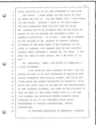 15
1 COURT DISPOSED OF IN ITS OWN STATEMENT OF DECISION.
0 2 THE COURT: I KNOW WHERE YOU ARE GOING ON THAT.
3 GO AHEAD AND SAY IT. YOU ARE WRONG, BUT I KNOW WHERE
4 YOU ARE GOINc;. BECAUSE I READ IT IN YOUR PAPERS.
5 YOU ARE SUGGESTING THAT THE FACT THAT AT TRIAL
6 MR. GAGGERO PUT ON NO EVIDENCE THAT HE WAS SUING ON
7 BEHALF OF PCM TO RECOVER THE ATTORNEY'S FEES, IS
8 SOMEHOW DISPOSITIVE. IT IS NOT. THAT WAS A COMMENT
9 ON THE FAILURE OF MR. GAGGERO TO PRODUCE CERTAIN
10 EVIDENCE IN THE TRIAL WHEN IT WAS DIRECTED TO THE
11 ISSUE OF DAMAGES, HIS DAMAGES THAT HE WAS CLAIMING
12 AGAINST KNAPP PETERSEN & CLARKE SO, YOU KNOW. I SAW
13 WHAT YOU SAID IN YOUR PAPERS, AND I AM SORRY IT IS
14 NOT
0 15 MR. CHATFIELD: WHAT I AM SAYING IS SOMETHING A
16 LITTLE DIFFERENT.
17 I AM .GOING BY YOUR FINDINGS OF FACT, AND YOU
18 STATED ON PAGE 16 OF YOUR STATEMENT OF DECISION THAT
19 UNLESS OTHERWISE SPECIFICALLY STATED, THE FACTS SET
20 FORTH BELOW ARE EITHER UNDISPUTED OR REPRESENT THOSE
21 WHICH THE COURT FINDS TO BE TRUE BY THE PREPONDERANCE
22 OF THE CREDIBLE EVIDENCE, AND THEN IN THE FINDINGS OF
23 FACT ON PAGE 18, THE COURT STATED THAT IN 1995 AND
24 1996 GAGGERO DID EXTENSIVE ESTATE PLANNING WHICH
25 RESULTED IN ALL OF HIS PERSONAL ASSETS BEING
26 TRANSFERRED TO VARIOUS CORPORATIONS, TRUSTS
27 FOUNDATIONS.
HE RETAINED ABSOLUTELY NO OWNERSHIP INTEREST
0.
28
 