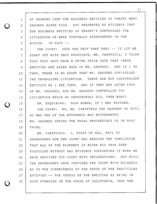 0
0
0
1
2
OF SHOWING THAT THE BUSINESS ENTITIES OR PRASKE WERE
GAGGERO ALTER EGOS. KPC PRESENTED NO EVIDENCE THAT
3 THE BUSINESS ENTITIES OR PRASKE'S CONTROLLED THE
4 LITIGATION OR WERE VIRTUALLY REPRESENTED IN THE
5 ACTION. IN FACT -~
6 THE COURT: DOES THE FACT THAT THEY -- IT LET ME
17
7 START OUT WITH THIS PREDICATE, MR. CHATFIELD, I THINK
8 THAT THEY HAVE MADE A PRIMA FACIA CASE THAT THESE
9 ENTITIES ARE ALTER EGOS OF MR. GAGGERO. AND IF I DO
10 THAT, THERE IS NO DOUBT THAT MR. GAGGERO CONTROLLED
11 THE UNDERLYING LITIGATION. THESE ARE NOT ~NDEPENDENT
12 ENTITIES AS I SEE THEM. AND IF THEY ARE ALTER EGOS
13 OF MR. GAGGERO, AND MR. GAGGERO CONTROLLED THE
14
15
16
LITIGATION WHICH HE UNDOUBTEDLY DID, THEN WHAT?
MR. ESQUIBIAS: YOUR HONOR, IF I MAY RESPOND.
THE COURT: NO, MR. CHATFIELD CAN RESPOND TO THIS.
17 HE WAS ONE OF THE ATTORNEYS WHO REPRESENTED
18 MR. GAGGERO DURING THE TRIAL PROCEEDINGS OR IN POST
19 TRIAL.
20 MR. CHATFIELD: I, FIRST OF ALL, FAIL TO
21 UNDERSTAND HOW THE COURT HAS REACHED THE CONCLUSION
22 THAT ALL OF THE ELEMENTS OF ALTER EGO HAVE BEEN
23 FULFILLED WITHOUT ANY EVIDENCE SUPPORTING IT WHEN WE
24 HAVE PROVIDED THE COURT WITH DECLARATIONS. AND ALSO,
25 THE DEFENDANTS HAVE PROVIDED THE COURT WITH EVIDENCE
26 AS TO THE CORRECTNESS OF THE SETUP OF THE PARTICULAR
27 ENTITIES -- THE STATUS OF THE ENTITIES AS BEING IN
28 GOOD STANDING IN THE STATE OF CALIFORNIA, THAT THE
 