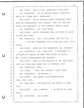 0
0
1
2
THE COURT: THIS IS MR. CHATFIELD'S ARGUMENT.
MR. ESQUIBIAS: HE IS ARGUING ABOUT SOMETHING
3 ABOUT MY CLIENT WHO I REPRESENT.
4 THE COURT: HE IS ARGUING ABOUT SOMETHING FROM
5 WHEN HE REPRESENTED YOUR CLIENT. ARE YOU TALKING
6 ABOUT THE TESTIMONY IN THE JUDGMENT DEBTOR EXAM?
7 MR. CHATFIELD: NO, YOUR HONOR.
20
8 THE COURT: WHICH TESTIMONY ARE YOU TALKING ABOUT
9 IN THE URA CASE?
10 MR. CHATFIELD: YES, YOUR HONOR, AND TELL ME
11 I DID NOT REPRESENT HIM IN THE URA CASE, YOUR
12 HONOR.
13 THE COURT: WHOM DID YOU REPRESENT, MR; GAGGERO?
14 MR. CHATFIELD: NO, I WAS NOT. I WITHDREW AS
15
16
17
ATTORNEY OF RECORD IN THAT CASE PRIOR TO TRIAL.
MR. BOSWICK REPRESENTED MR. GAGGERO.
THE COURT: WHAT IS THE PORTION OF THE TESTIMONY
18 THAT YOU THINK WAS TAKEN OUT OF CONTEXT, SIR?
19
20
21
22
MR. CHATFIELD: WELL
THE COURT: I HAVE THE EXHIBITS RIGHT HERE.
MR. CHATFIELD: IN EXHIBIT G.
THE COURT: THE PRASKE CROSS-EXAMINATION
23 JUNE 13TH, 2005.
24
25
26
MR. CHATFIELD:
1001.
THE QUESTION WAS ASKED ON PAGE
THE COURT: JUST A MINUTE. I AM TRYING TO FIND
27 THIS.
28 MR. CHATFIELD: ALL RIGHT.
 