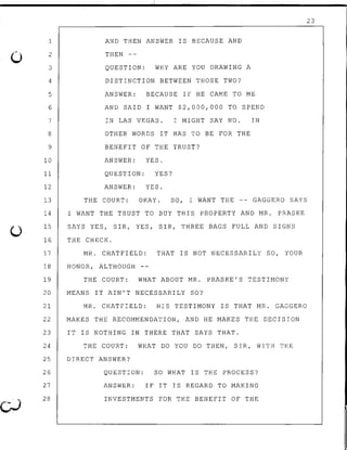(J
1
2
3
4
5
6
7
8
9
10
11
12
13
AND THEN ANSWER IS BECAUSE AND
THEN --
QUESTION: WHY ARE YOU DRAWING A
DISTINCTION BETWEEN THOSE TWO?
ANSWER: BECAUSE IF HE CAME TO ME
AND SAID I WANT $2,000,000 TO SPEND
IN LAS VEGAS. I MIGHT SAY NO.
OTHER WORDS IT HAS TO BE FOR THE
BENEFIT OF THE TRUST?
ANSWER: YES.
QUESTION: YES?
ANSWER: YES.
IN
THE COURT: OKAY. SO, I WANT THE -- GAGGERO SAYS
14 I WANT THE TRUST TO BUY THIS PROPERTY AND MR. PRASKE
15 SAYS YES, SIR, YES, SIR, THREE BAGS FULL AND SIGNS
16 THE CHECK.
17 MR. CHATFIELD: THAT IS NOT NECESSARILY SO, YOUR
18 HONOR, ALTHOUGH --
19 THE COURT: WHAT ABOUT MR. PRASKE'S TESTIMONY
20 MEANS IT AIN'T NEC.ESSARILY SO?
21 MR. CHATFIELD: HIS TESTIMONY IS THAT MR. GAGGERO
22 MAKES THE RECOMMENDATION, AND HE MAKES THE DECISION
23 IT IS NOTHING IN THERE THAT SAYS THAT.
24 THE COURT: WHAT DO YOU DO THEN, SIR, WITH THE
25 DIRECT ANSWER?
26
27
28
QUESTION: SO WHAT IS THE PROCESS?
ANSWER: IF IT IS REGARD TO MAKING
INVESTMENTS FOR THE BENEFIT OF THE
23
 