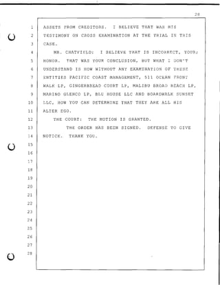 0
0
1
2
3
4
5
6
7
8
9
10
11
12
13
14
15
16
17
18
19
20
21
22
23
24
25
26
27
28
ASSETS FROM CREDITORS. I BELIEVE THAT WAS HIS
TESTIMONY ON CROSS EXAMINATION AT THE TRIAL IN THIS
CASE.
28
MR. CHATFIELD: I BELIEVE THAT IS INCORRECT, YOUR;
HONOR. THAT WAS YOUR CONCLUSION, BUT WHAT I DON'T
UNDERSTAND IS HOW WI~HOUT ANY EXAMINATION OF THESE
ENTITIES PACIFIC COAST MANAGEMENT, 511 OCEAN FRONT
WALK LP, GINGERBREAD COURT LP, MALIBU BROAD BEACH LP,
MARINO GLENCO LP, BLU HOUSE LLC AND BOARDWALK SUNSET
LLC, HOW YOU CAN DETERMINE THAT THEY ARE ALL HIS
ALTER EGO.
THE COURT: THE MOTION IS GRANTED.
THE ORDER HAS BEEN SIGNED. DEFENSE TO GIVE
NOTICE. THANK YOU.
 
