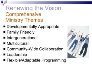 Renewing the Vision Comprehensive  Ministry Themes Developmentally Appropriate Family Friendly Intergenerational Multicultural Community-Wide Collaboration Leadership Flexible/Adaptable Programming 