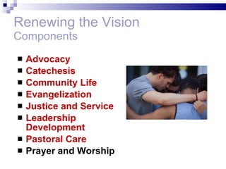 Renewing the Vision Components Advocacy Catechesis Community Life Evangelization Justice and Service Leadership Development Pastoral Care Prayer and Worship 