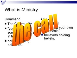 What is Ministry Command.   The Community "you don’t do something, you’re in trouble“ beliefs holding believers.  Choice Individual construct your own synthesis believers holding beliefs.  the call 