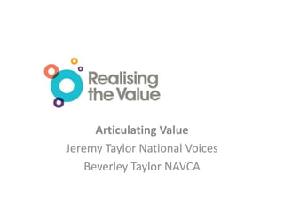 Articulating Value
Jeremy Taylor National Voices
Beverley Taylor NAVCA
 