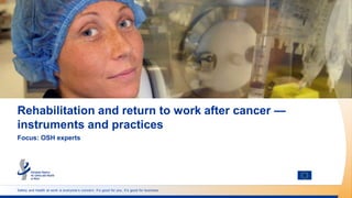 Safety and health at work is everyone’s concern. It’s good for you. It’s good for business.
Rehabilitation and return to work after cancer —
instruments and practices
Focus: OSH experts
 