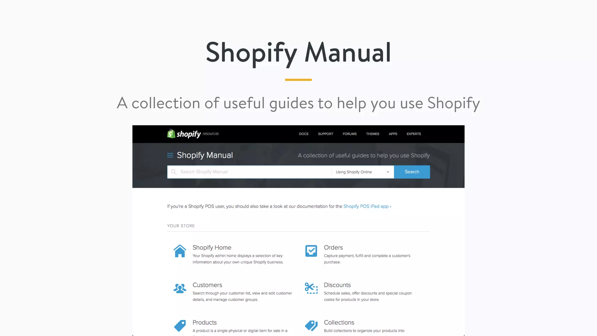 Shopify Manual
A collection of useful guides to help you use Shopify
 