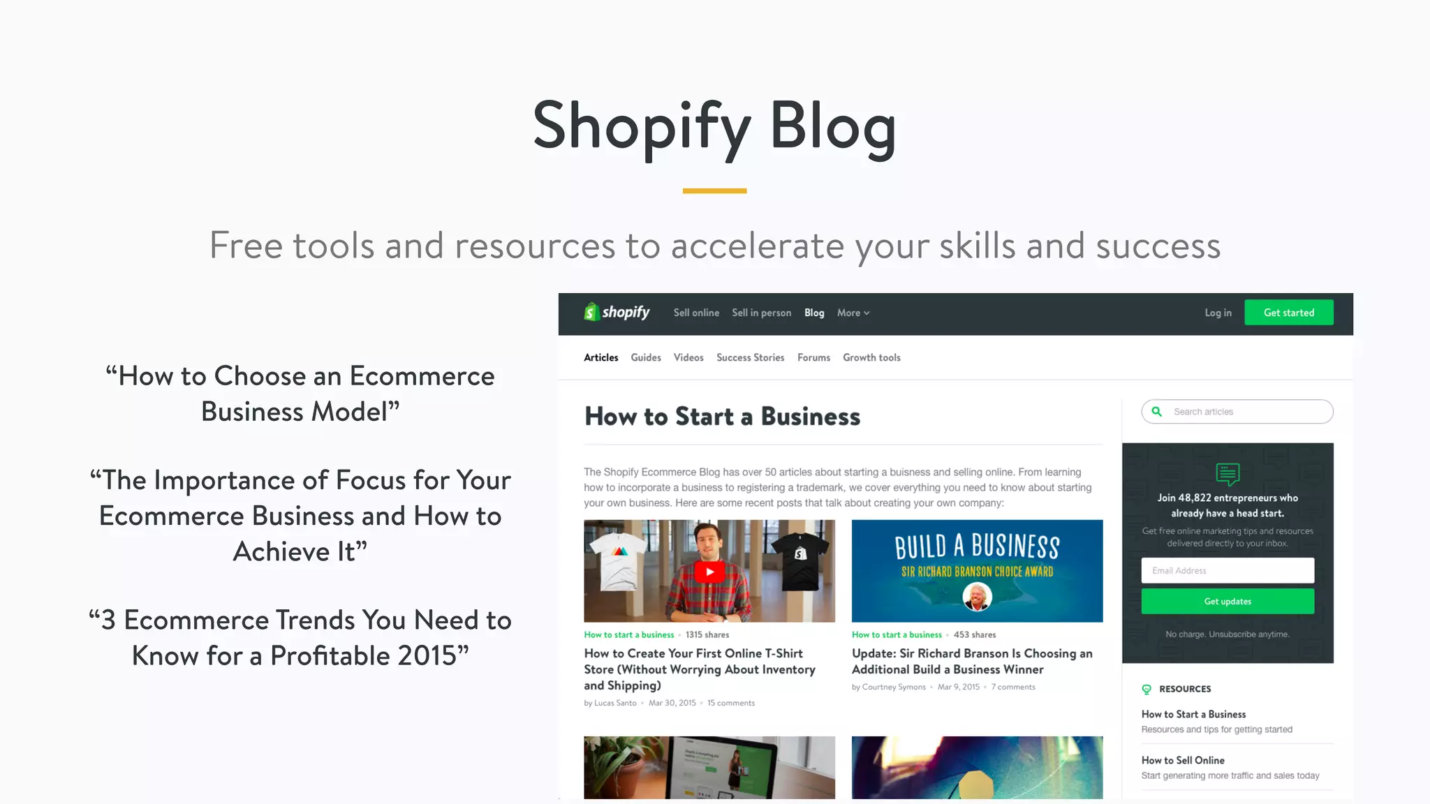 Shopify Blog
“How to Choose an Ecommerce
Business Model”
“The Importance of Focus for Your
Ecommerce Business and How to
Achieve It”
“3 Ecommerce Trends You Need to
Know for a Proﬁtable 2015”
Free tools and resources to accelerate your skills and success
 