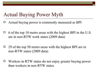 Actual Buying Power Myth Actual buying power is commonly measured as BPI 6 of the top 10 metro areas with the highest BPI in the U.S. are in non-RTW work states (2009 data) 29 of the top 50 metro areas with the highest BPI are in non-RTW states (2009 data) Workers in RTW states do not enjoy greater buying power than workers in non-RTW states 
