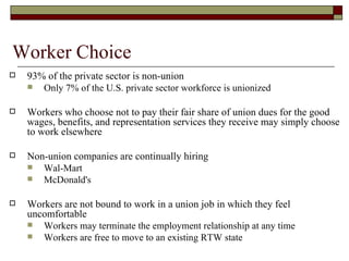 Worker Choice 93% of the private sector is non-union Only 7% of the U.S. private sector workforce is unionized Workers who choose not to pay their fair share of union dues for the good wages, benefits, and representation services they receive may simply choose to work elsewhere Non-union companies are continually hiring Wal-Mart McDonald's Workers are not bound to work in a union job in which they feel uncomfortable Workers may terminate the employment relationship at any time Workers are free to move to an existing RTW state 