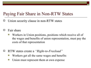Paying Fair Share in Non-RTW States Union security clause in non-RTW states Fair share Workers in Union positions, positions which receive all of the wages and benefits of union representation, must pay the costs of that representation RTW states create a  “Right-to-Freeload” Workers get all the same wages and benefits Union must represent them at own expense 