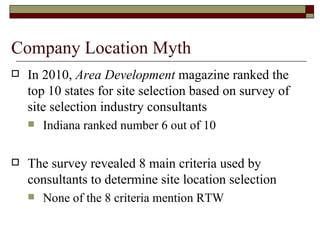 Company Location Myth In 2010,  Area Development  magazine ranked the top 10 states for site selection based on survey of site selection industry consultants Indiana ranked number 6 out of 10 The survey revealed 8 main criteria used by consultants to determine site location selection None of the 8 criteria mention RTW  